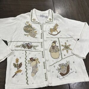 VGT BP Design Christmas Cardigan XL Embroidered Beaded Snowman Sleigh Holiday